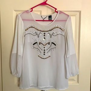 BKE boutique white beaded blouse top cutout